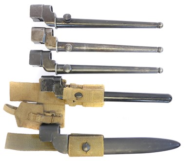 Lot Five No.4 Lee Enfield rifle bayonets, one with...