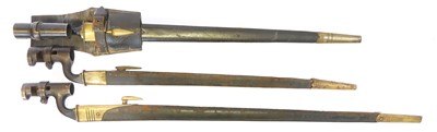 Lot Three socket bayonets and scabbards, to...