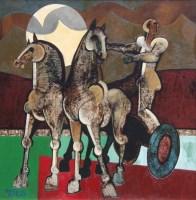 Lot 389 - Geoffrey Key, Horses and Chariot, oil.