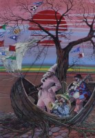 Lot 408 - Francis Wainwright, Clowns in a boat, acrylic.