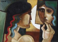 Lot 416 - Geoffrey Key, Girl with Mirror, oil.