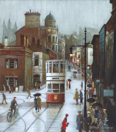 Lot 425 - Arthur Delaney, Warren Street, Stockport, oil.