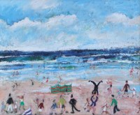 Lot 436 - Simeon Stafford, Beach scene with figures, oil.