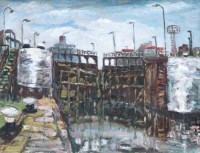 Lot 438 - Alec Fleming, Locks on the Ship Canal, oil.