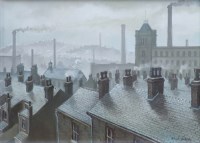 Lot 440 - Steven Scholes, Roof Tops with Mill, 1962, oil.