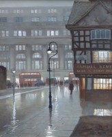Lot 441 - Steven Scholes, The Royal Exchange from the Old Shambles, Manchester, 1953, oil.