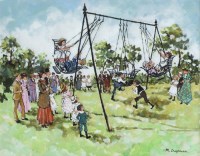 Lot 455 - Margaret Chapman, Children playing on swing boats, oil.