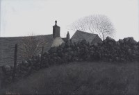 Lot 461 - Jack Simcock, Roofs, tree and stone wall, oil.