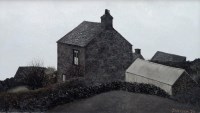 Lot 462 - Jack Simcock, Roofs and stone walls, oil.