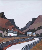 Lot 473 - David Barnes, Welsh valley with cottages and winding road, oil.