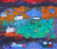 Lot 486 - Caroline Bailey, Boats Moored, South Lochs, mixed media.