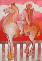 Lot 487 - Geoffrey Key, Horse and Rider, mixed media.