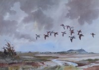 Lot 495 - R.W. Milliken, Teal over marsh, watercolour.