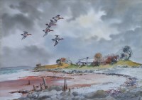 Lot 500 - R.W. Milliken, Wigeon over beach, watercolour.