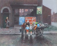 Lot 506 - Marc Grimshaw, Children gathered around a rag-and-bone cart, pastel.