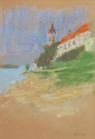 Lot 518 - Harold Riley, Continental lake scene, pastel and ink.