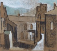 Lot 543 - Geoffrey Key, Street scene, mixed media.