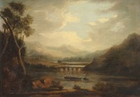 Lot 568 - English School, 19th century, Rural landscape with river and mountains beyond, oil.