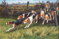 Lot 575 - Alfred Duke, Hounds crossing a hedge, oil.