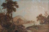 Lot 592 - William Havell, Lake scene with figures, watercolour.