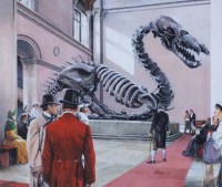 Lot 368 - Paul C., 20th century, Museum interior with figures and dinosaur exhibit, gouache.