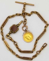 Lot 233 - 9ct gold fancy link watch chain, 39cm, hung with