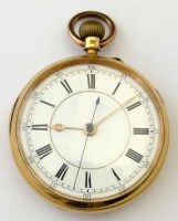 Lot 276 - 18ct gold open faced stem wind pocket watch.