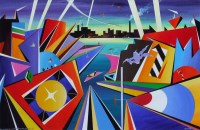 Lot 332 - David Wilde, Searchlight Battery with downed raider, Docks blitz, acrylic.