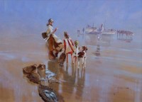 Lot 333 - John Haskins, Beach scene with figures, acrylic.