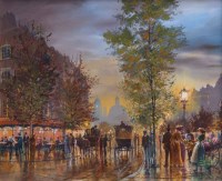 Lot 335 - Alan S. Harper, Street scene with figures, oil.