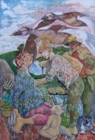 Lot 341 - Jeanne Walpole, Figures in a landscape, oil.
