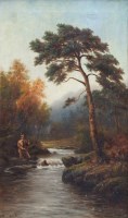 Lot 426 - Douglas Adams, River scene with fisherman, oil.
