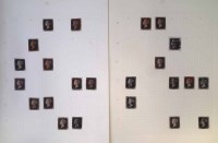 Lot 71 - Collection of QV 1d blacks on 2 album pages sorted by letters M-R, includes 3 pair 4 margin examples and varying Maltese cross cancellations (23 stamp