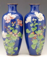 Lot 374 - Pair of Blue Ground Cloisonne Vases (one damaged)