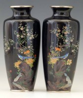 Lot 377 - Pair of Shouldered Dark Blue Cloisonne Vases