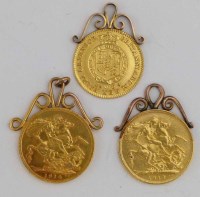 Lot 436 - Two mounted gold sovereigns and a half-guinea.