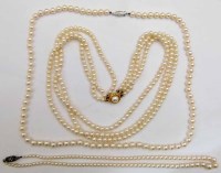 Lot 443 - Three string pearl necklace and two others.