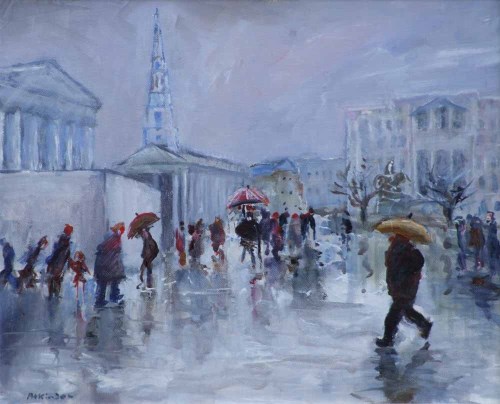 472 - Sue Atkinson, Day Out, Trafalgar Square, oil.