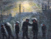 Lot 510 - Theodore Major, Figures with factories beyond, oil.
