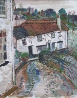 Lot 517 - Fred Yates, Street scene with cottages, oil.