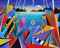 Lot 546 - David Wilde, Docks Raid with Parachute Mine (Painted with Piet Mondrian in Mind), acrylic.