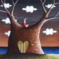 Lot 565 - Orhan Coplu, Figure seated in a tree, acrylic.