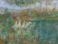 Lot 566 - Andre Bicat, Geese Farm, Dordogne, oil.