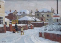 Lot 580 - M.E. Ayrton, Street scene with figures playing in the snow, oil.