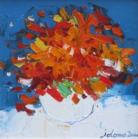 Lot 585 - Jolomo, Cup of Nasturtiums, oil.
