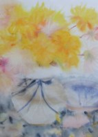 Lot 596 - Caroline Bailey, Yellow Dahlias with Shells and Plate, watercolour.