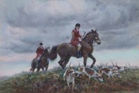 Lot 625 - Rosemary Sarah Welch, Moorland landscape with huntsmen and hounds, pastel.