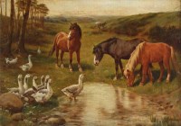 Lot 645 - Style of J.F. Herring Jnr., Ponies and geese in a meadow, oil.