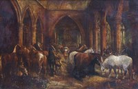 Lot 648 - Herbert St. John Jones, Lord Byron's horses stabled in Acton Church during the Siege of Nantwich, 1644, oil on canvas.