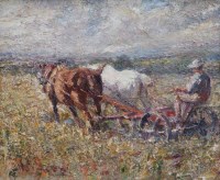 Lot 653 - Harry Fidler, Harvesting scene, oil.